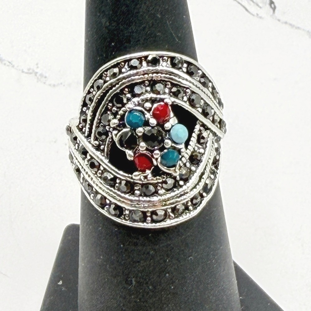 Silver Tone Mosaic Cabochon Ring‎ Size 6 Red Blue Green Black